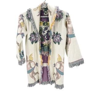 Vintage All in the Bag Coat tapestry blanket fringe 90s cherub open front size L